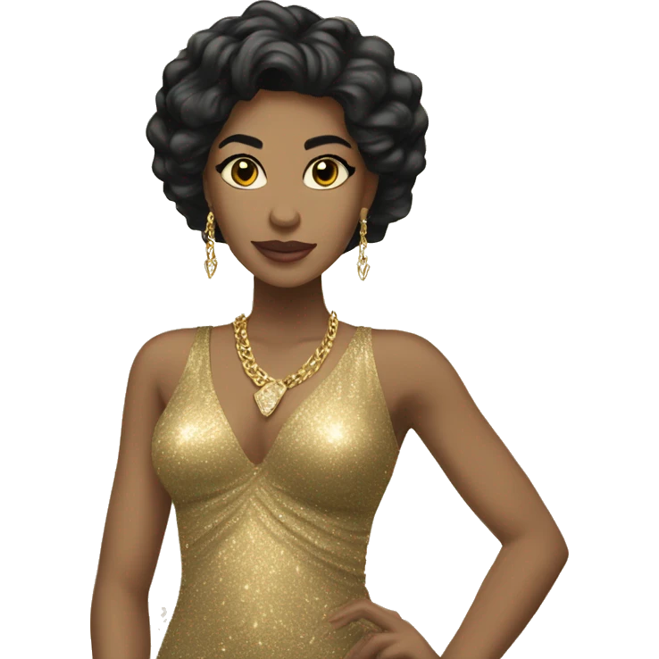 light skin woman with long black hair in gold sparkle dress with gold jewelry emoji