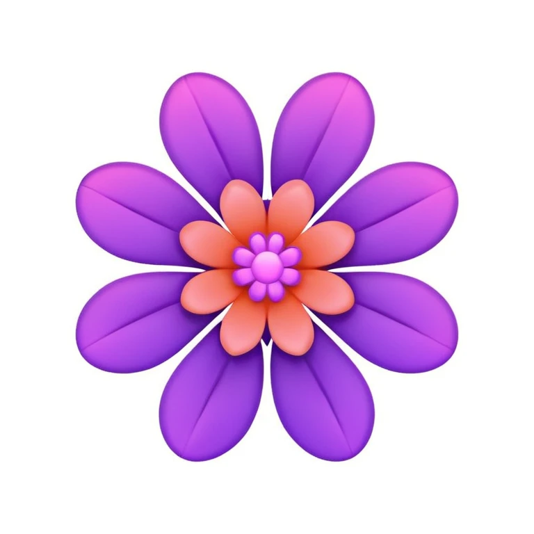 minimal tech-flower emoji with five smooth purple petals in a circle, glowing coral-pink center, light pink rounded rounded square background, futuristic elegant emoji