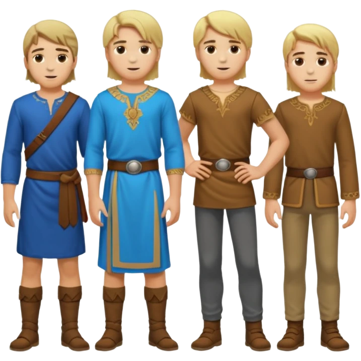 Cartagineses: un grupo de hombres jóvenes, pelo largo rubio y castaño, ropa buena, cara de niños de alrededor de unos 20/25 años.
cuerpo entero, de la época púnica emoji