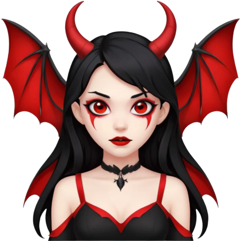 demon girl, skin red , black long hair, small horns, bat wing, black open-back dress, bold black outlines emoji