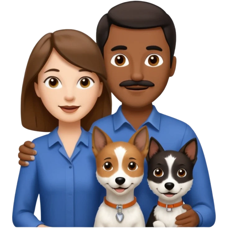 Quiero a una mujer blanca  con el pelo por el hombro lacio castaño  con un hombre de color morochito con el pelo negro y bigote, ambos felices  y un solo perro blanco Fox terrier  emoji