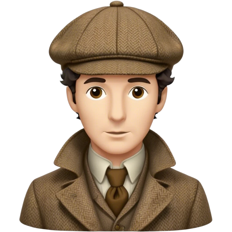 sherlock holmes, wearing a deerstalker hat with the fabric is often tweed, which features a subtle checkered or herringbone pattern with darker and lighter threads woven together, creating texture and depth.  emoji
