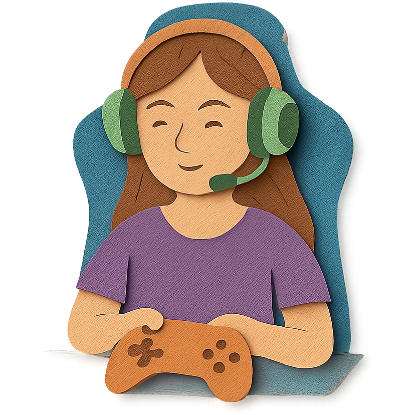 female streamer with headphones and a gaming chair emoji