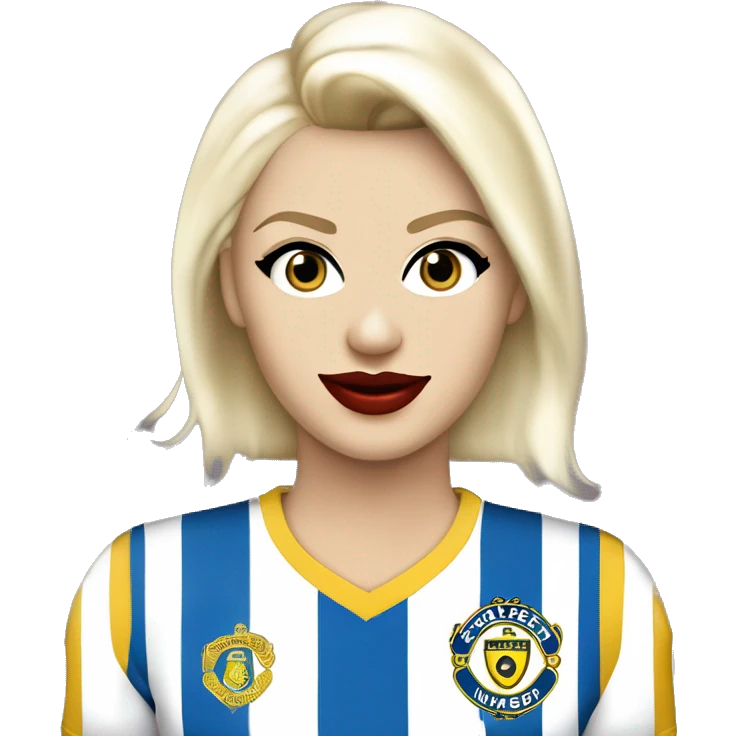 Jesse Maley pretty older white Swedish looking Playboy model looking with Blue eyes, a sexy smile, with big Red lips and almond shaped eyes with long eyelashes, platinum blonde blonde, pixie, cut haircut and golden skin and Leeds united shirt and badge emoji