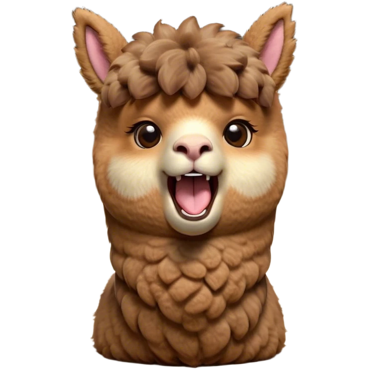 Cinematic Cute Yawning Brown Alpaca Portrait Emoji, Head tilted slightly with a dramatic, wide-open yawn, showcasing a soft, plush brown fleece with gently drooping ears, round warm eyes barely open in drowsy contentment, Simplified yet irresistibly adorable features, highly detailed, glowing with a soft, cozy glow, high shine, relaxed yet expressive, stylized with a touch of whimsy, bright and endearing, soft glowing outline, capturing the essence of a sleepy yet affectionate alpaca, so drowsy it feels like it could stretch out of the screen and curl up for a nap! emoji