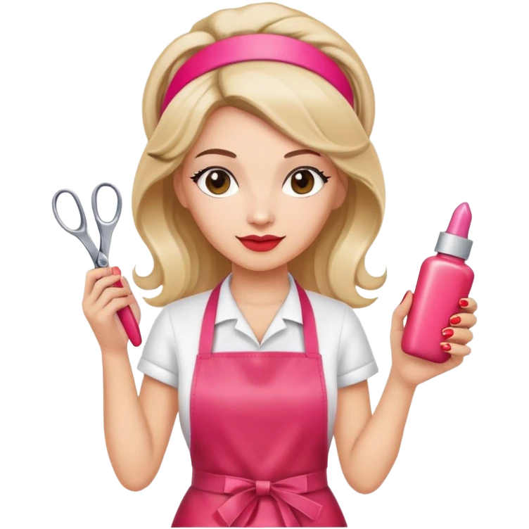 Female hairdresser with headband, wearing red apron, holding pink nail polish bottle and scissors, beauty salon employee emoji