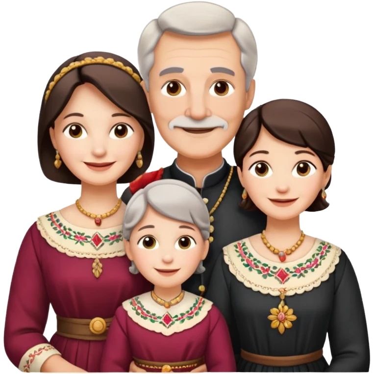 Indiana family with a 70 years old father and mother and a 40 years old daughter. They wear a traditional dress. They are smiling. emoji