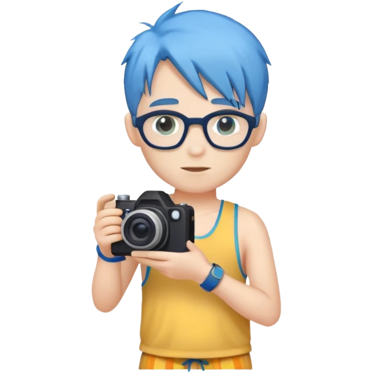 blue hair full body man with camera and beach outfit  standing emoji
