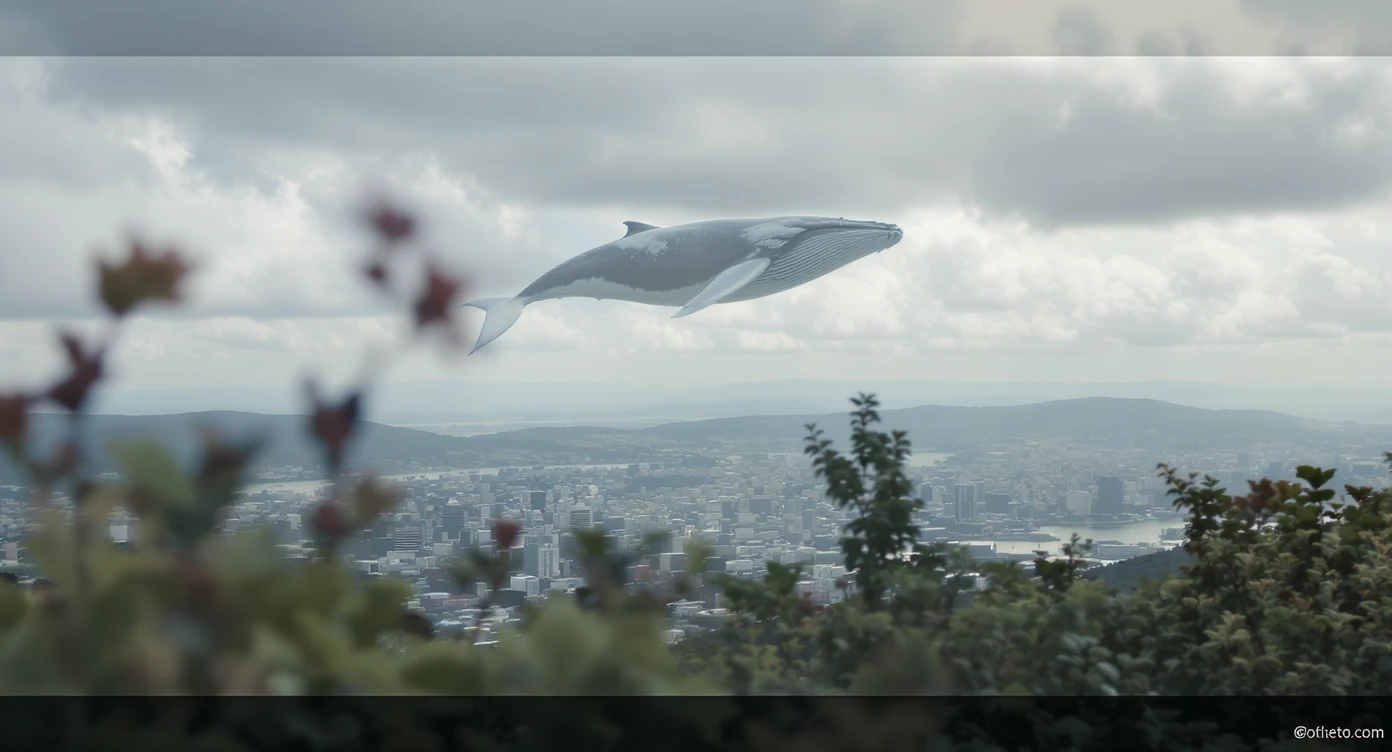 A cinemaatic still of a city, blurred plants in the foreground, huge whales fly above city sky, rolling hills in the background, cinematic depth of field, layered composition, natural lighting emoji