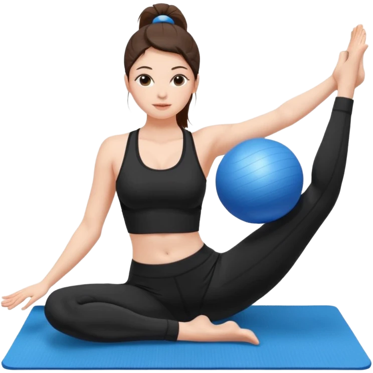 generate a pretty woman in black gym clothes doing pilates on a blue mat with a small blue ball emoji