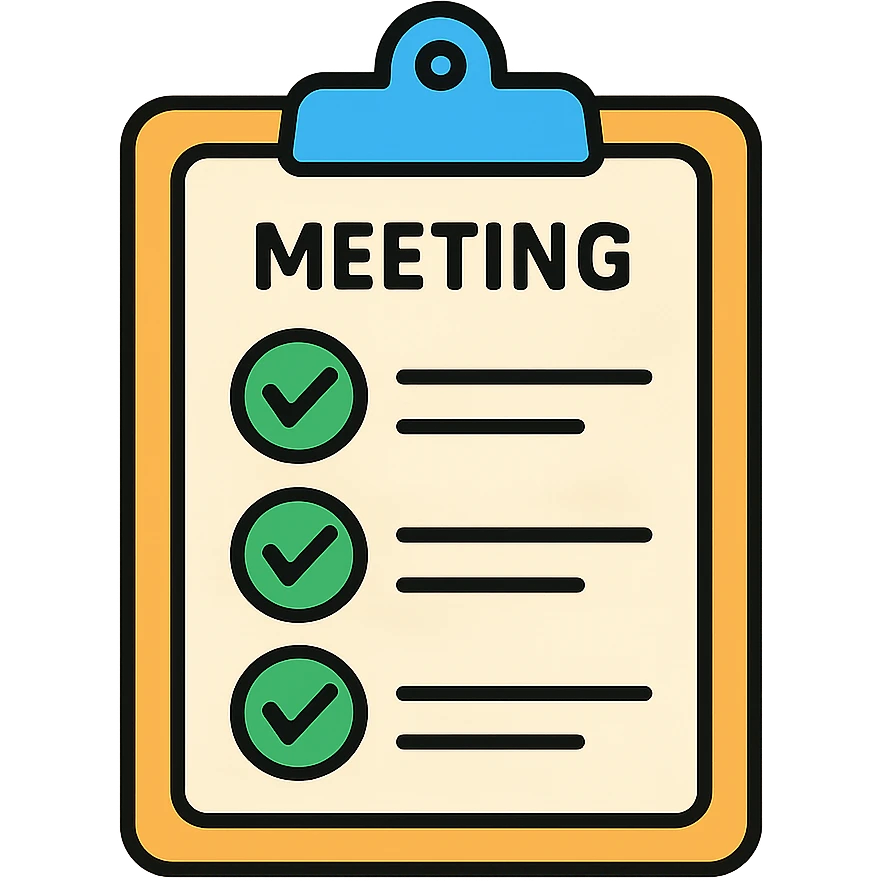 A clipboard with a checklist of meeting agenda items, organized neatly with bullet points emoji
