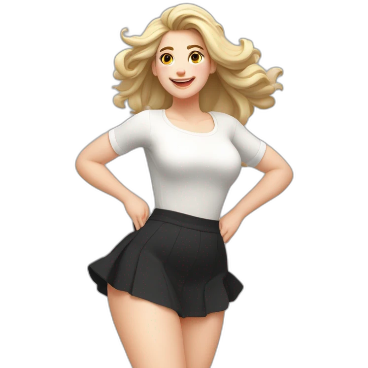 full-body-caucasian-curvy-beauty-jumping-short-black-skirt-back-and-front-views-strong-wind-white-knickers-long-white-socks emoji