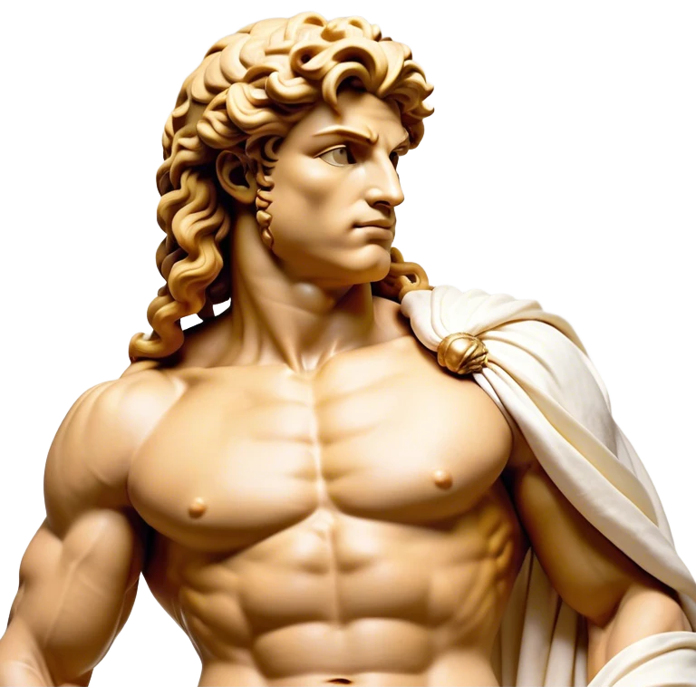 Cinematic Realistic Hercules Portrait, head tilted playfully and inquisitively, showcasing a blend of legendary power and youthful charm with the refined features of Michelangelo's David. His light tan, sculpted skin and thick, curly, golden brown hair—styled with wild majesty—evoke the spirit of the lion-wrestling Hercules. Clad in a softly draped white robe with subtle golden details and adorned with a Greek laurel wreath, his expressive eyes and warm smile capture an approachable yet formidable hero, bathed in gentle natural lighting. emoji