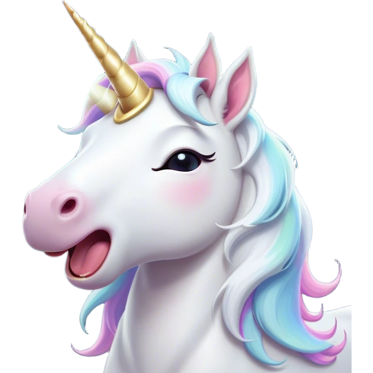 Cinematic Cute Yawning White Unicorn Portrait Emoji, Head tilted slightly with a dramatic, wide-open yawn, showcasing a softly elegant form with a gently cascading mane, a subtly glowing horn and sleepy, half-closed eyes, Simplified yet irresistibly adorable features, highly detailed, glowing with a soft, cozy magical glow, high shine, relaxed yet expressive, stylized with a dash of whimsical enchantment, soft glowing outline, capturing the essence of a drowsy yet affectionate white unicorn that appears ready to stretch and yawn its way out of the screen! emoji