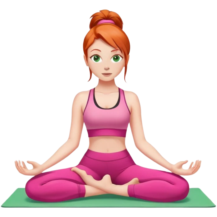 Long red head white girl with green eyes doing yoga wearing pink emoji