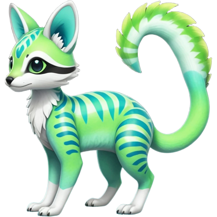 Rare realistic iridescent neon lime-green & cyan white gradients lush tropical exotic cute epic pretty beautiful handsome gorgeous aesthetic colorful vibrant Vernid-Protogen-Primagen-Wickerbeast-Genet-Trico-species-Fakemon-hybrid-creature by LiLaiRa, beautiful intricate markings, full body emoji