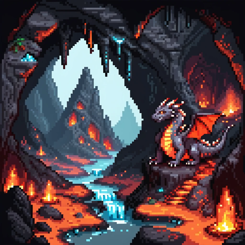 Dragon lair in volcanic cave with lava pools and glowing crystals emoji