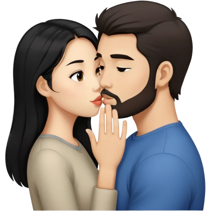 Asian girl with long black hair, kissing a Caucasian guy with dark brown hair that’s short and has a light beard emoji