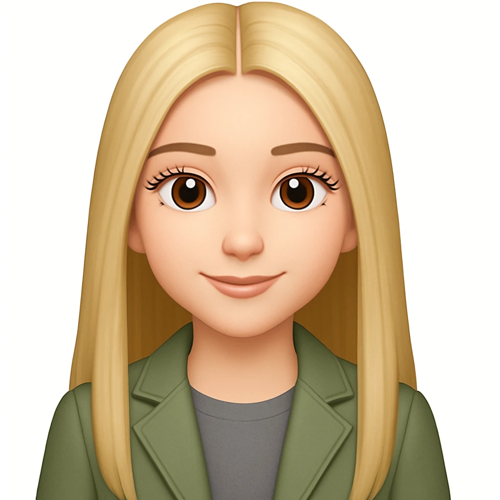 Make the smiling girl have longer straight blonde hair with a middle part, bigger eyelashes, and a grey shirt under her sage green jacket. Maintain the original style and details. emoji
