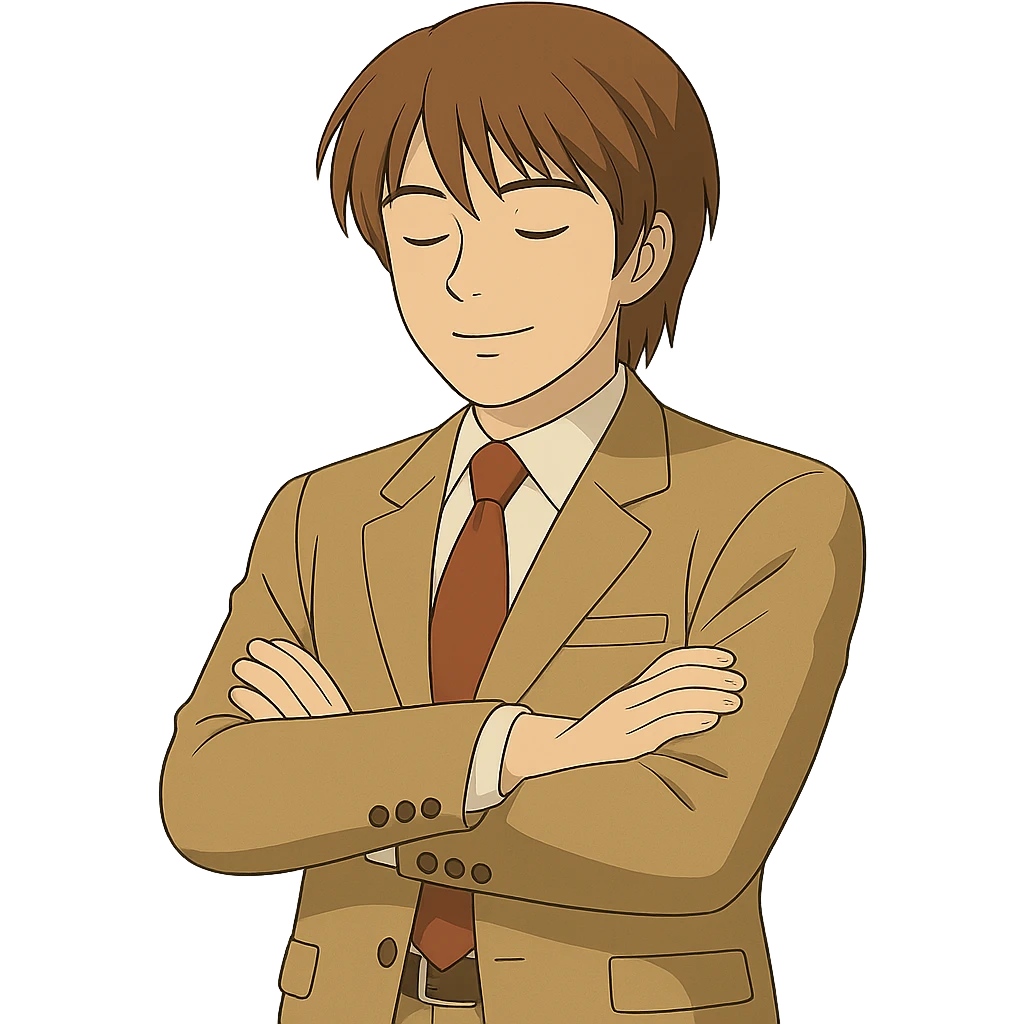 Create an exact Light Yagami in Ghibli style, standing with arms crossed and eyes closed. Keep the same suit, pose, and confident expression. Match the face, hair, and suit details exactly to the reference, especially the eye shape and facial proportions. Transparent background. emoji