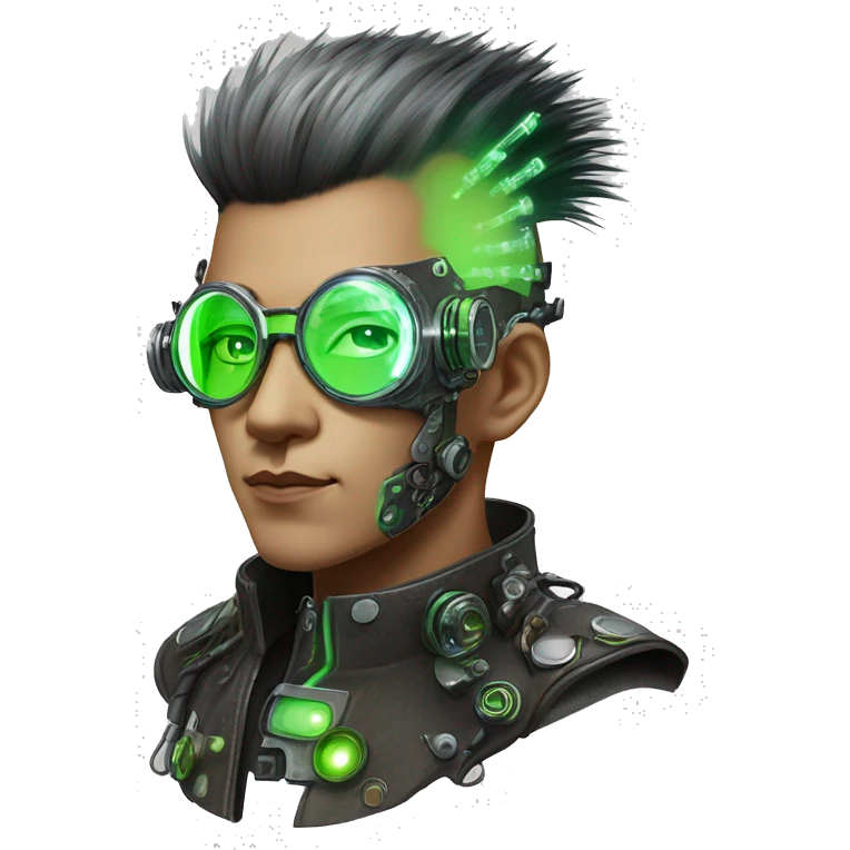 Mohawk hair with neon green highlights Asian male cyborg head with neon silver steampunk goggles and circuits emoji