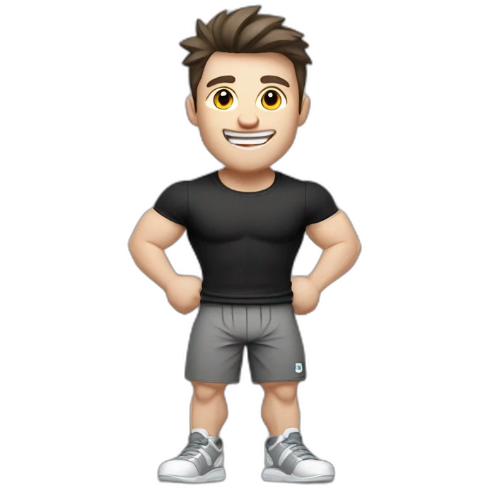 Joyful Celebrating victory Pale skinned Fit Man With the biceps and dark brown hair in black shirt, gray sports shorts and white Sneakers emoji