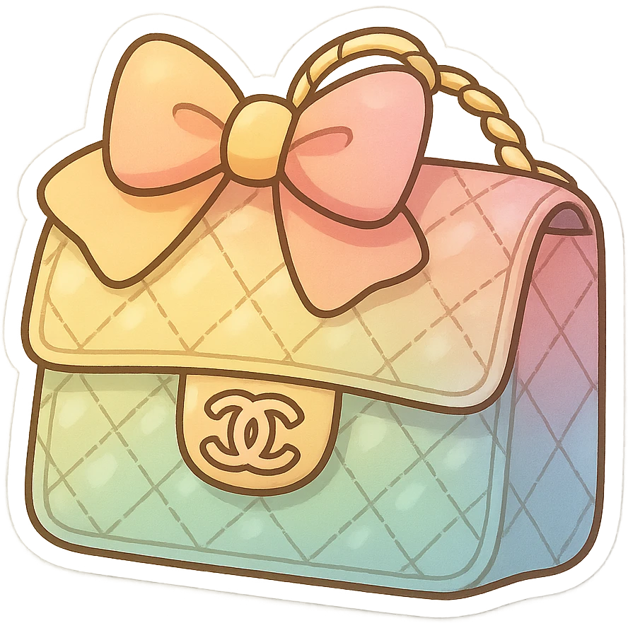 a cute and exaggerated chibi stickers style Chanel purse with a rainbow gradient and big bow emoji