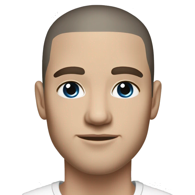 A slavic guy with blue eyes, light skin, shaved dark hair under 0.5, white T-shirt, silver earring piercing with cross on left ear. emoji