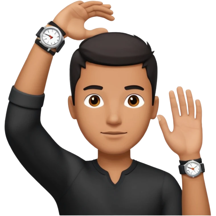 diverse man wearing a black strap watch on his wrist portrait, head and shoulders only, wrist raised slightly showing the watch clearly, modern style, 3D cartoon, mobile game icon style, clean background, no text, no watermark
 emoji