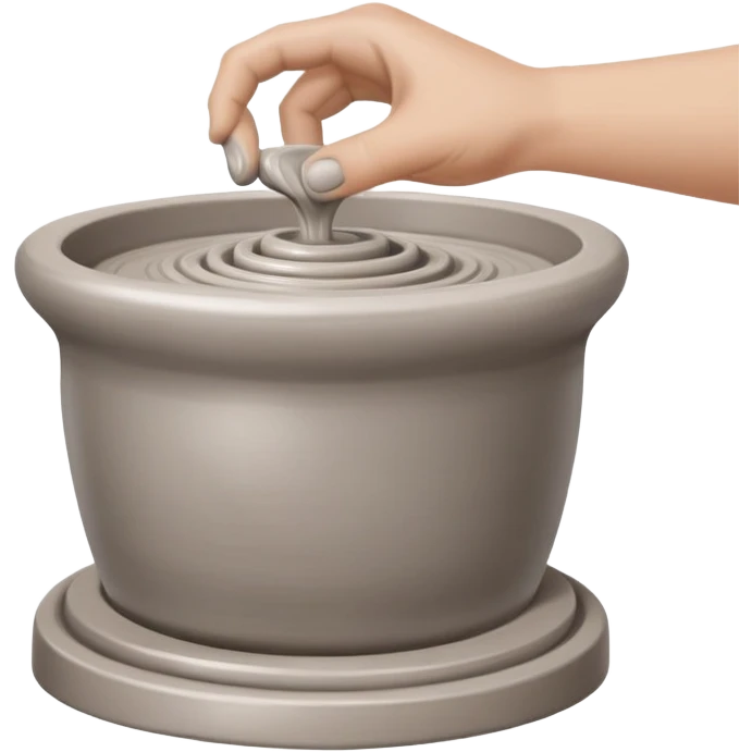 thumb pressing side of clay onto a silver pottery wheel, thumb at the bottom of the clay, pottery gesture emoji