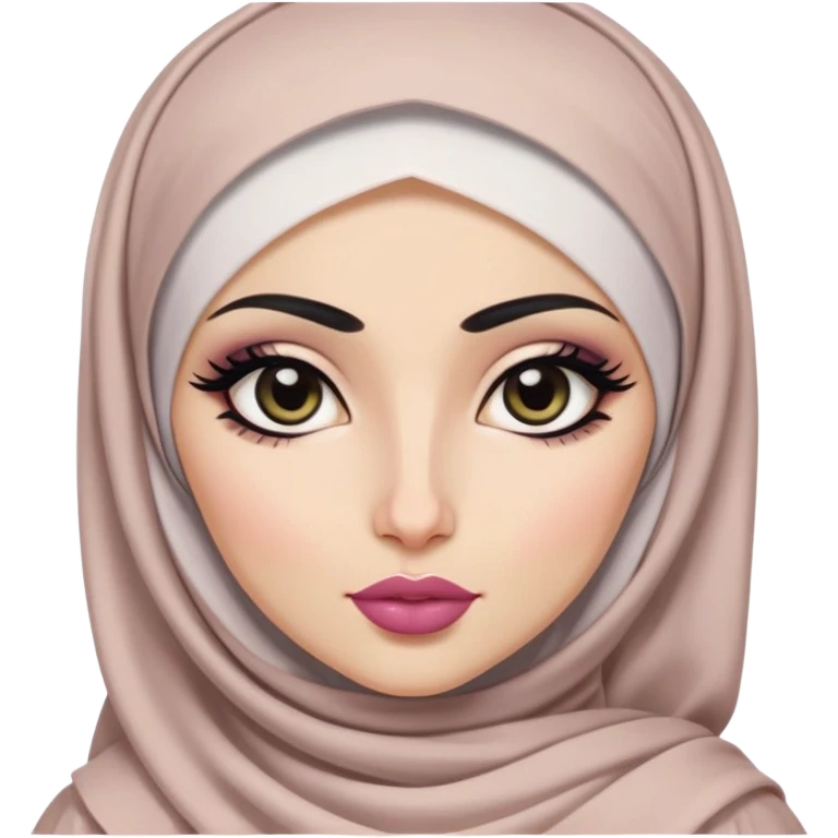 hijabi, pretty big lips, arab clothes, pale skin,  dark eyes, pretty bratz baddie, black eyeliner. Arab nose emoji