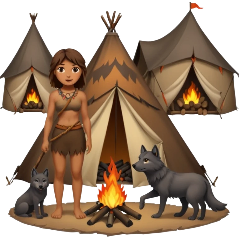 a NEANDERTHAL WOMAN WITH BROWN HAIR STANDING BY A FIRE AND TENT WITH BLACK WOLF emoji