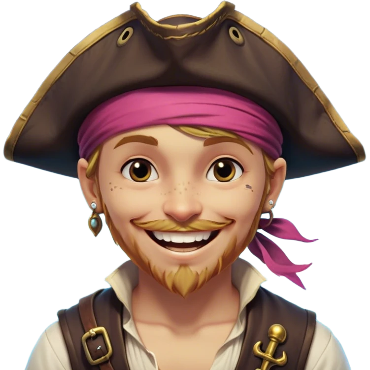 Clash of Clans aesthetic Playful Pirate Portrait Emoji, Head tilted with a roguish, cheeky grin and twinkling eyes, featuring a compact, spirited build with a jaunty hat and a quirky bandana, his natural skin tone evident, Simplified yet irresistibly charming features, highly detailed, glowing with a warm, inviting oceanic glow, high shine, spirited and lively, stylized with an air of whimsical maritime mischief, soft glowing outline, capturing the essence of a playful pirate exuding friendly rogue charm! emoji