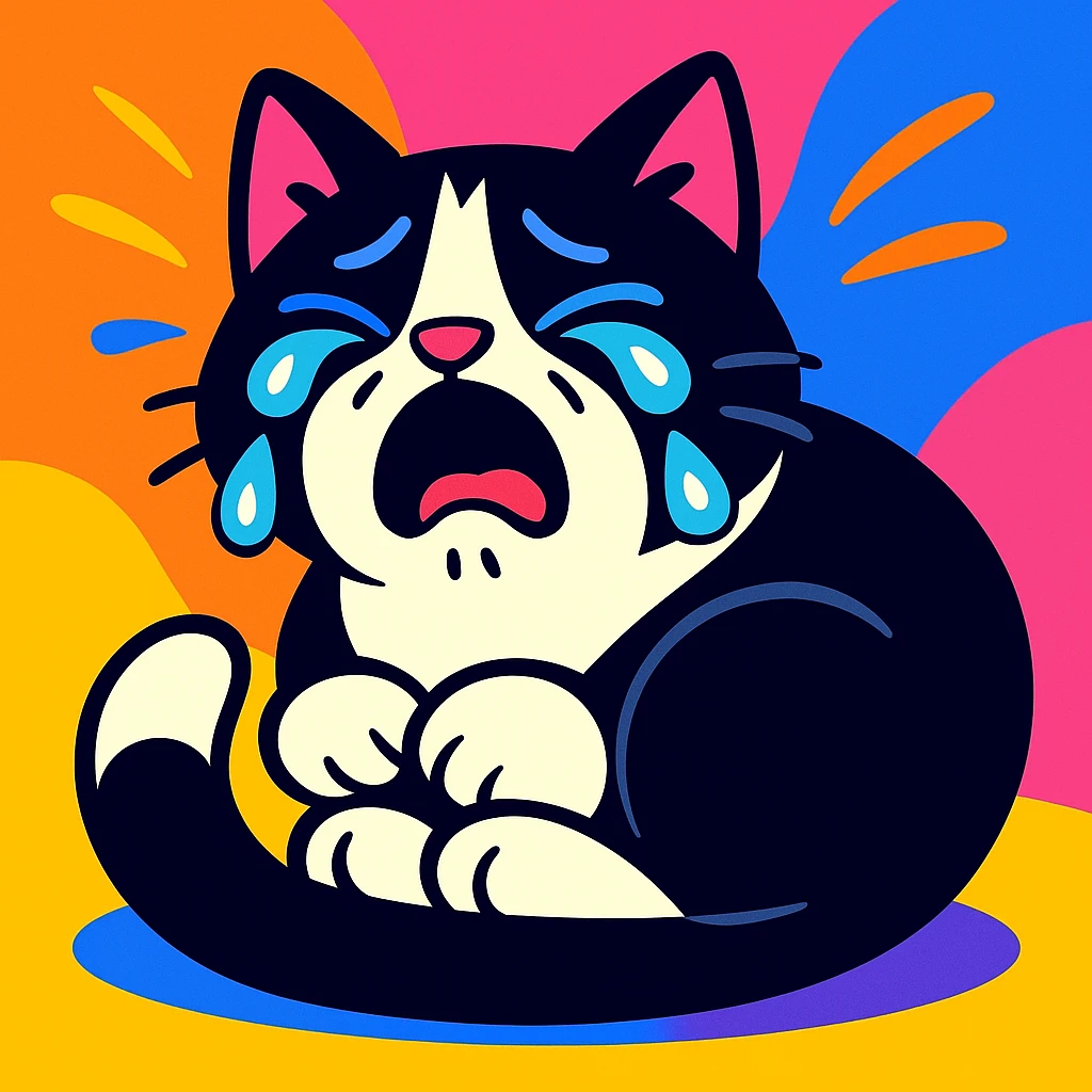 crying tuxedo cat curled up and sobbing, colorful background, vibrant toon style emoji