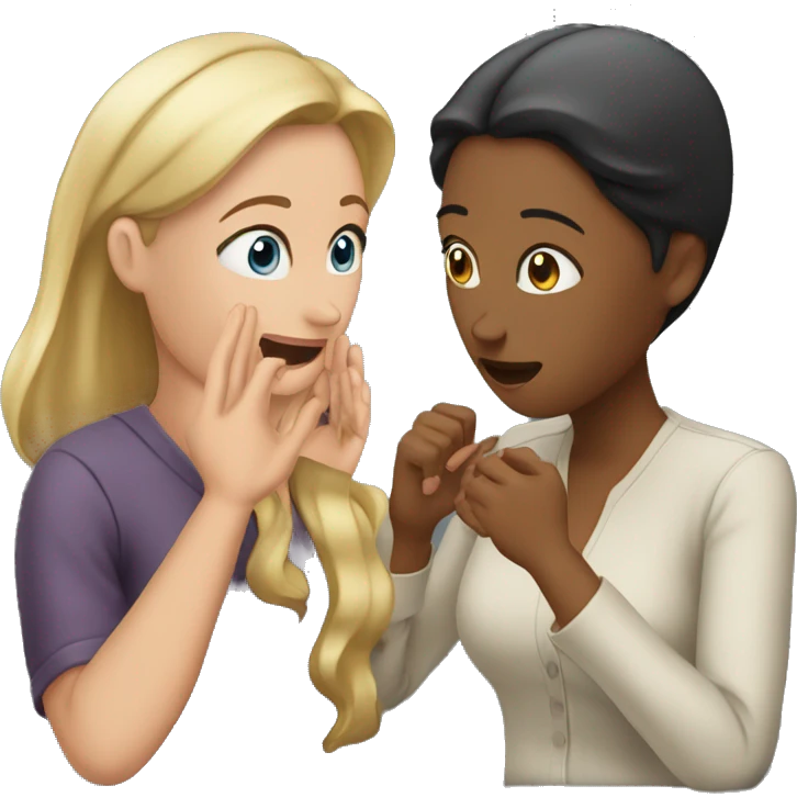 one woman saying something into the ear of another woman closing by hand emoji