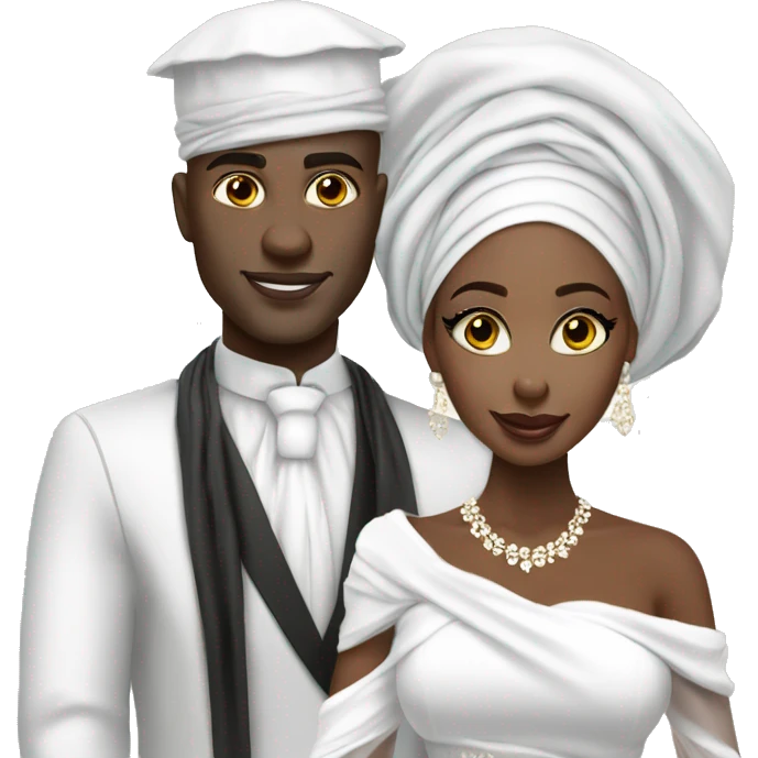 African bride and groom. White gele head wrap with white off shoulder dress. No Turban emoji