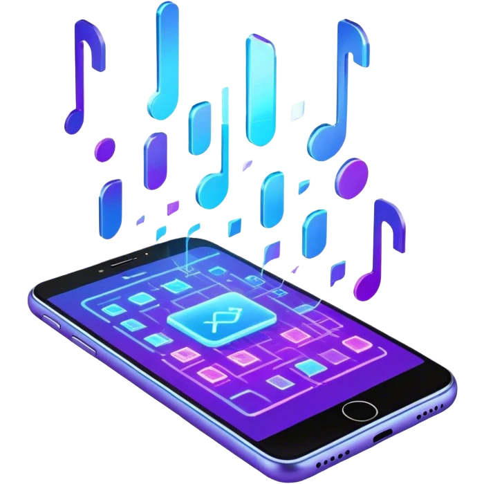 Emoji: A modern smartphone with a flickering holographic screen. The display is slightly glitching, showing shifting digital symbols and neon blue-purple swipes. It looks like a mix of high-tech and a small AI error. emoji