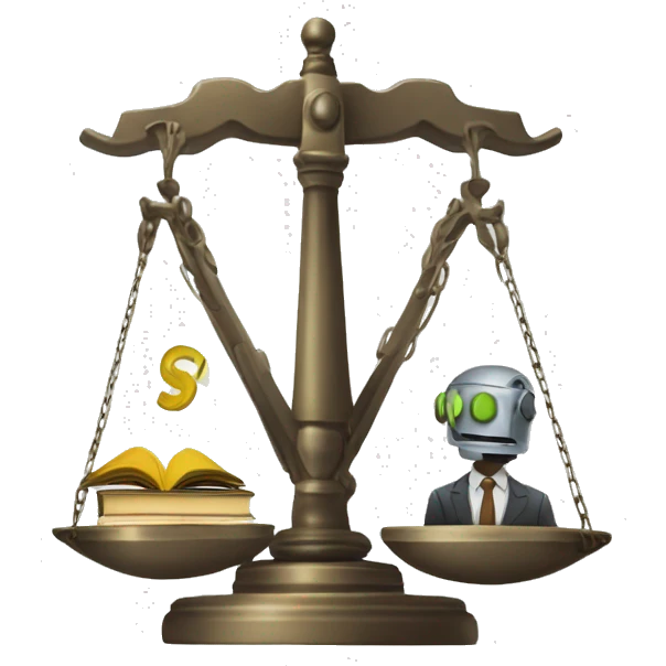 a balance of justice with a robot head in one side and a school on the other side emoji