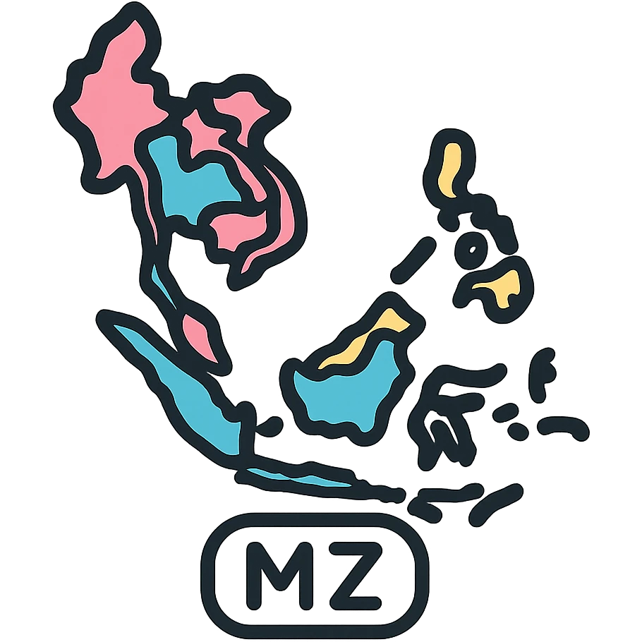 Southeast Asia map zone, flat design, pastel colors, labeled MZ, icon or logo style emoji