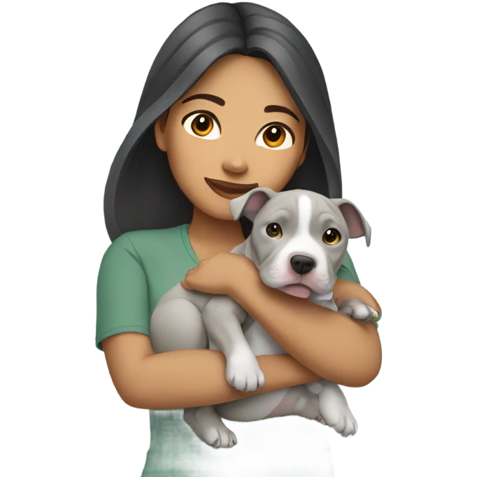 Pretty Filipino woman holding all gray pit bull puppy emoji