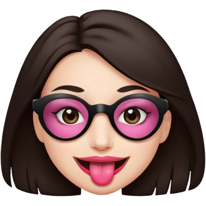 woman with dark brown hair wearing black band over eyes with tongue out emoji