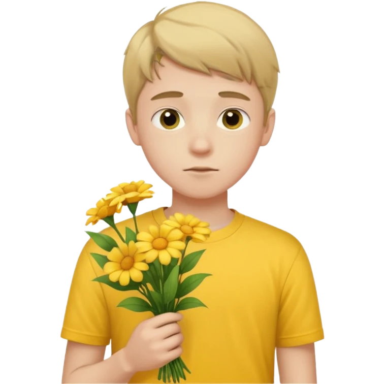 generate an ios genmoji of a 20 year old fair boy with 3 very faint upper lip  hair. should look like he cant grow a mustache., carrying a flower bouquet, wearing a yellow tshirt, looking shy emoji