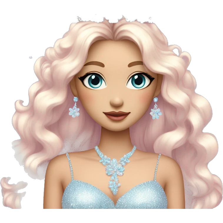 Gorgeous pastel Lady with blue eyes in a sparkly shiny dress with tiara and necklace and flowers aesthetical and trending  emoji