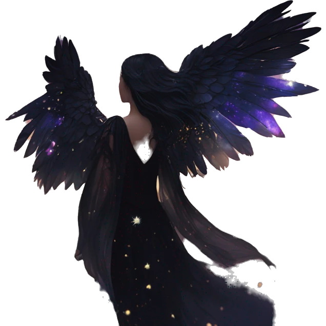 Black Raven wings bohemian girl Ethereal galaxy constellation girl angel raven wings black wings, gold arrow, nebula, flower crown, fairy lights, iridescent, nature, shot by golden arrow emoji