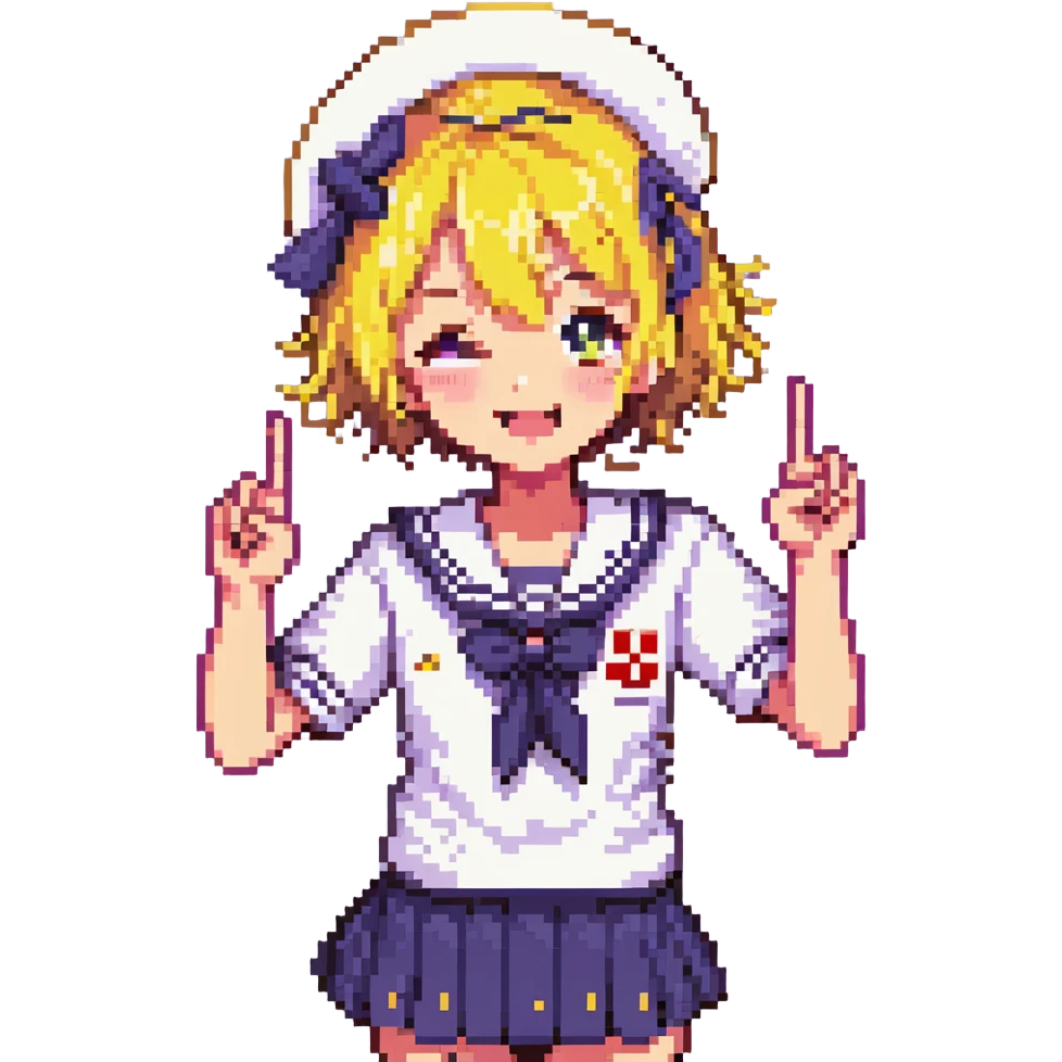 Pixel art anime girl with short bright yellow hair wearing Japanese sailor style school uniform, making victory peace signs with both hands, winking happily with excited expression emoji