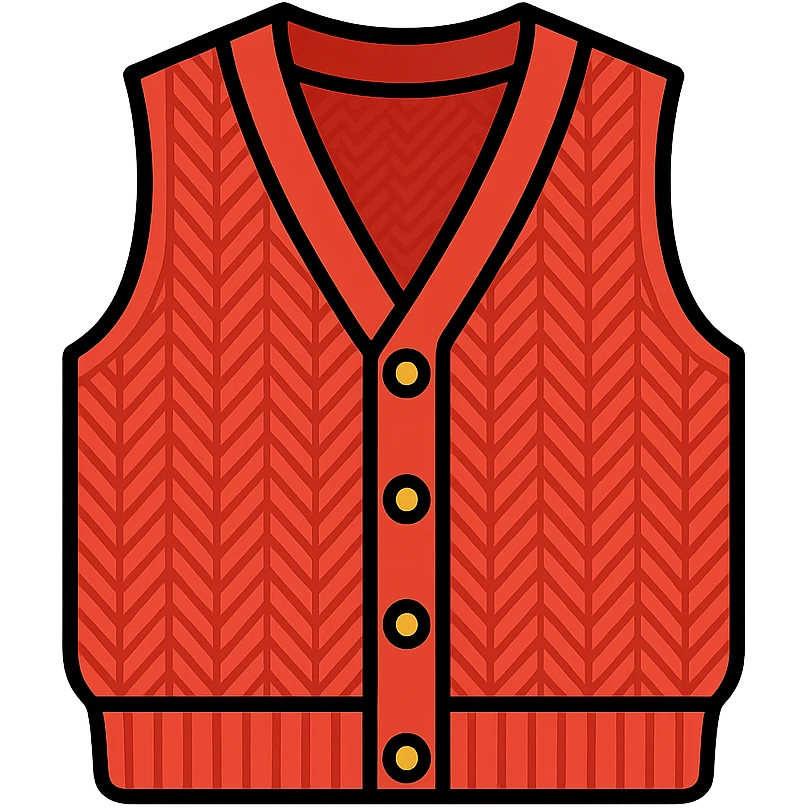 icon of red Barry vest in Sézane style, V-neck collar, golden buttons, knitted texture, transparent background, modern and clean style for knitwear category emoji