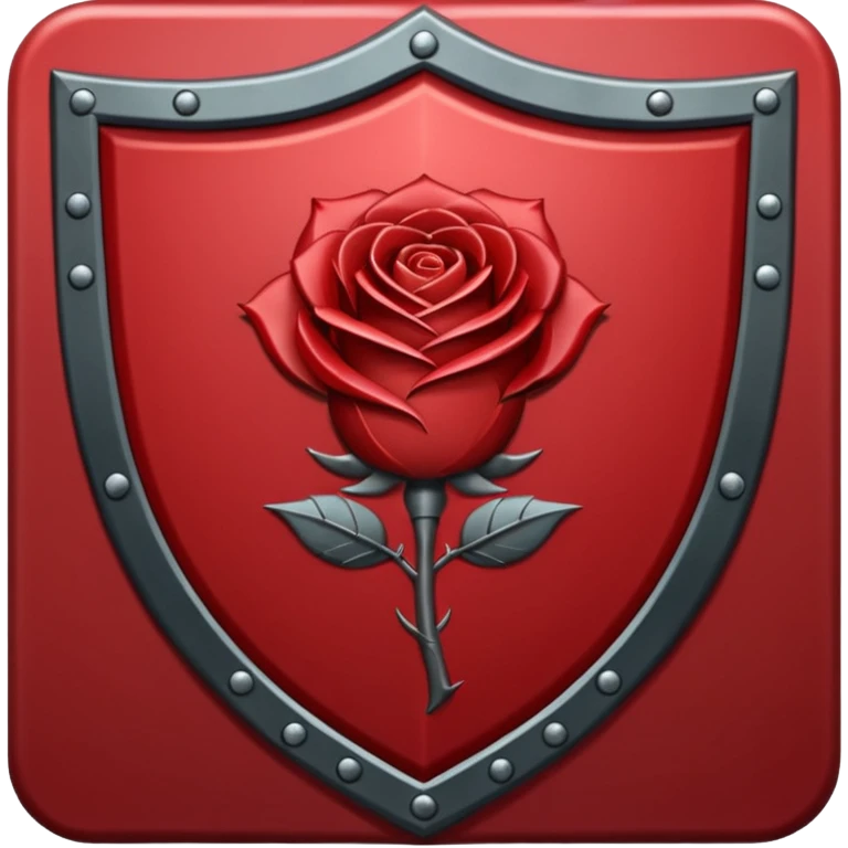 A bold, symmetrical shield icon in deep blood red (#7A0F1E) with a sharp silhouette and slightly pointed base. Centered on the shield is a stylized rose with subtle thorn accents — clean but slightly angular, giving it a defensive edge. emoji