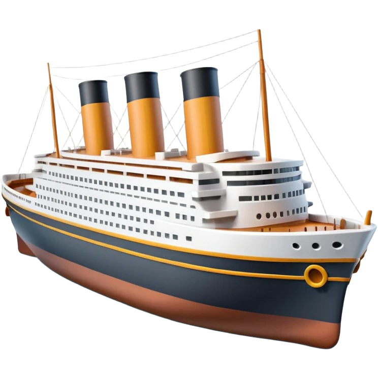 A 3D emoji of a Titanic ship in Apple style, glossy and smooth surface, bright clean colors with subtle shading, simple and minimal details, no face or expressions, floating on calm ocean, soft shadows, high-quality render, isolated on white background.


 emoji