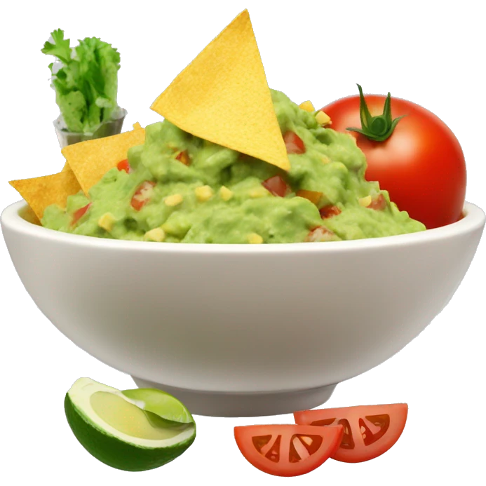 Bowl with guacamole with tomatoes, feta cheese, salt and pepper, and a side of nachos  emoji