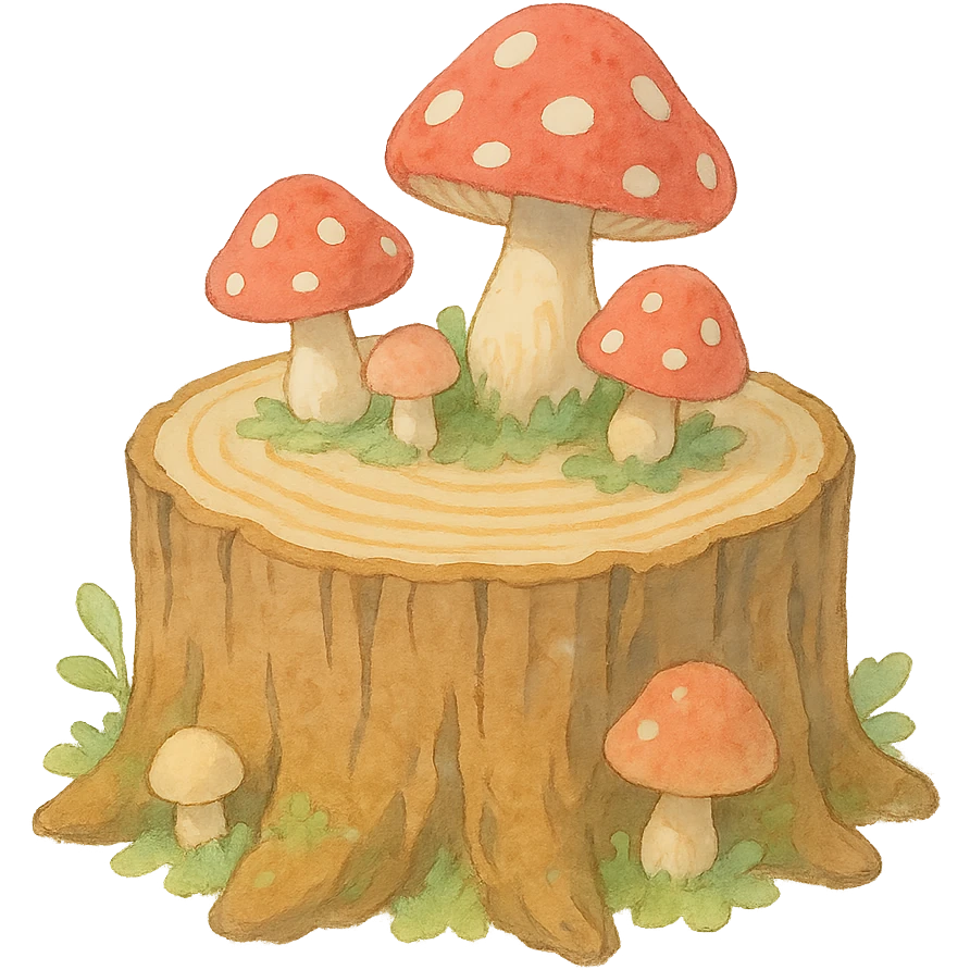 a tree stump cake topped with mushrooms, forest dessert concept, soft pastel colors, ghibli style emoji
